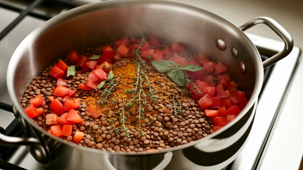 add rinsed lentils and spices