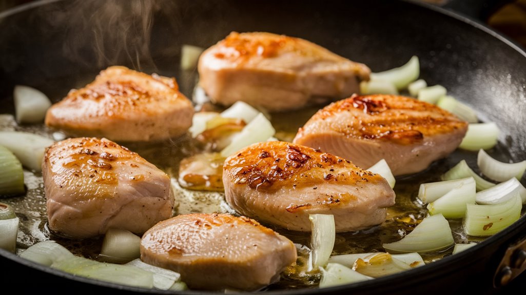 arrange chicken in skillet